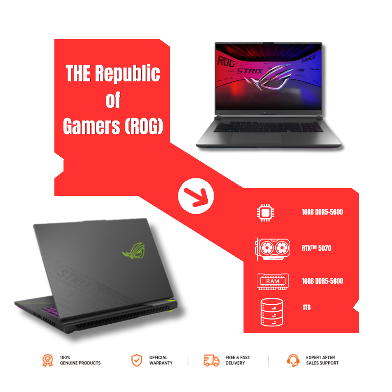 ASUS ROG Strix G16 gaming laptop with Intel Core i7 processor, RTX 4060 graphics, 16GB RAM, and 1TB SSD displayed in promotional banner